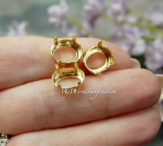 12x10mm Oval, Art 4100, 3 Pieces, Crystal Rhinestone or Gemstone Sew On Setting, Gold plated