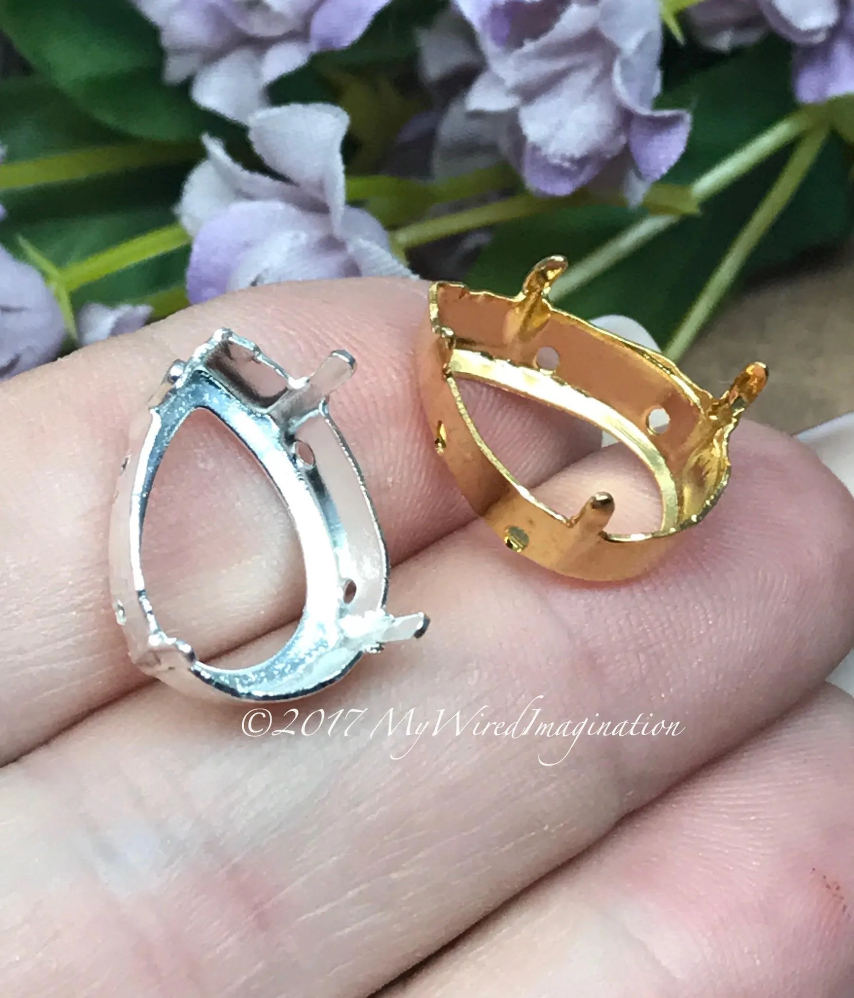 2 pcs Silver or Gold Plated Settings, Fits Pear Shape 4320 Crystals 18x13mm