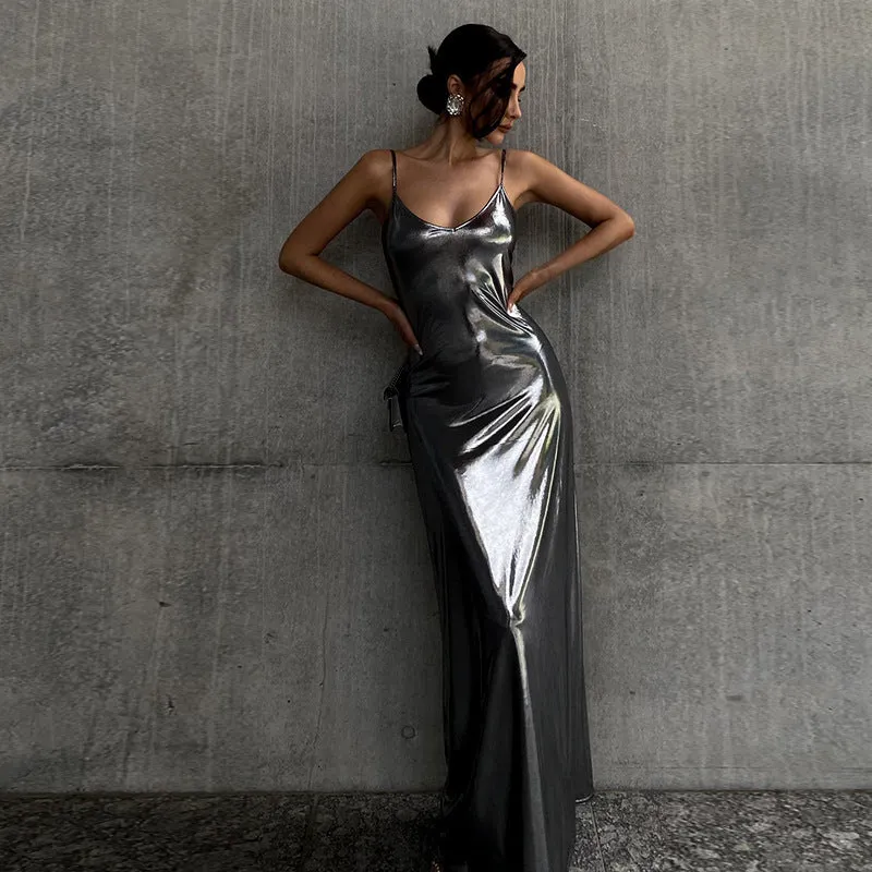 2023 New European and American Women's Clothing Spring and Summer Bronzing Sling Backless Sleeveless Sheath Temperament Sexy Dress Women