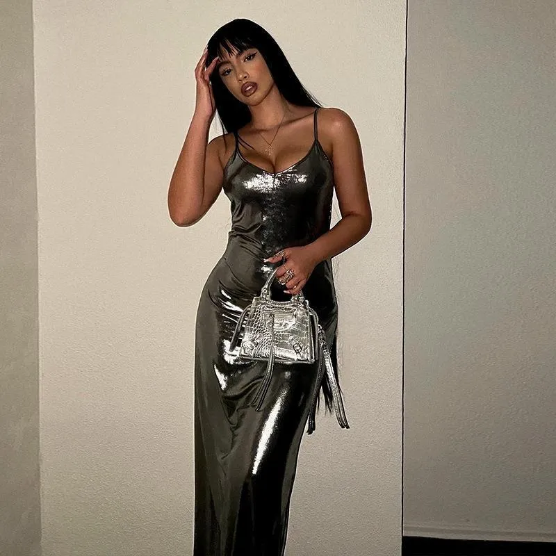 2023 New European and American Women's Clothing Spring and Summer Bronzing Sling Backless Sleeveless Sheath Temperament Sexy Dress Women