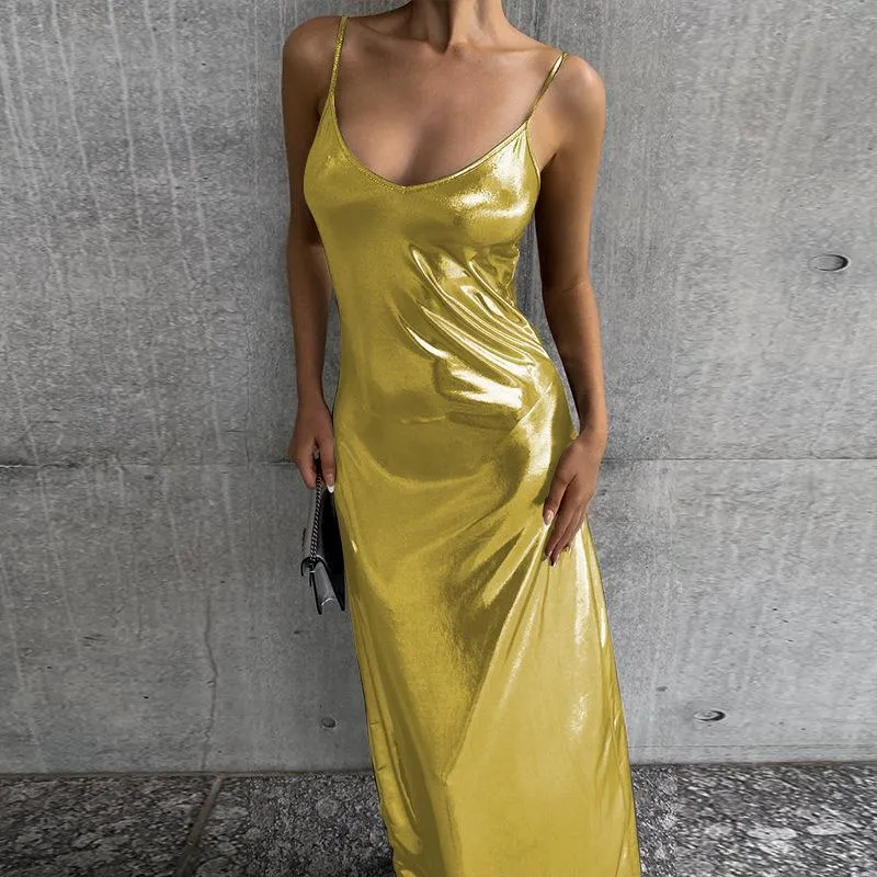 2023 New European and American Women's Clothing Spring and Summer Bronzing Sling Backless Sleeveless Sheath Temperament Sexy Dress Women