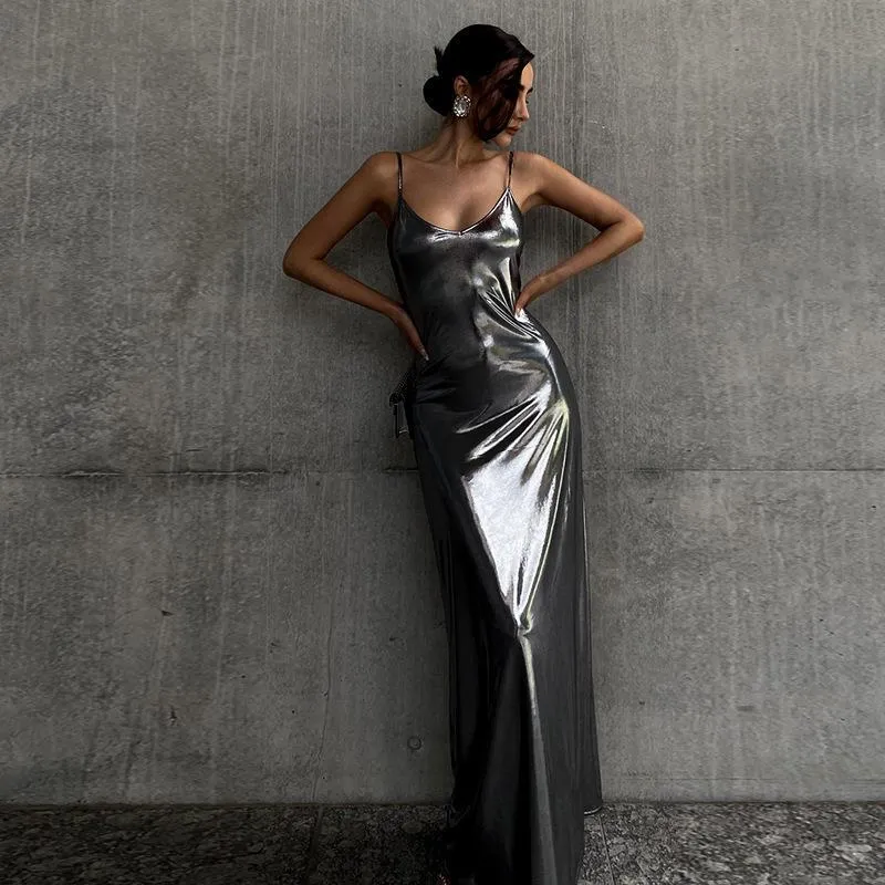 2023 New European and American Women's Clothing Spring and Summer Bronzing Sling Backless Sleeveless Sheath Temperament Sexy Dress Women
