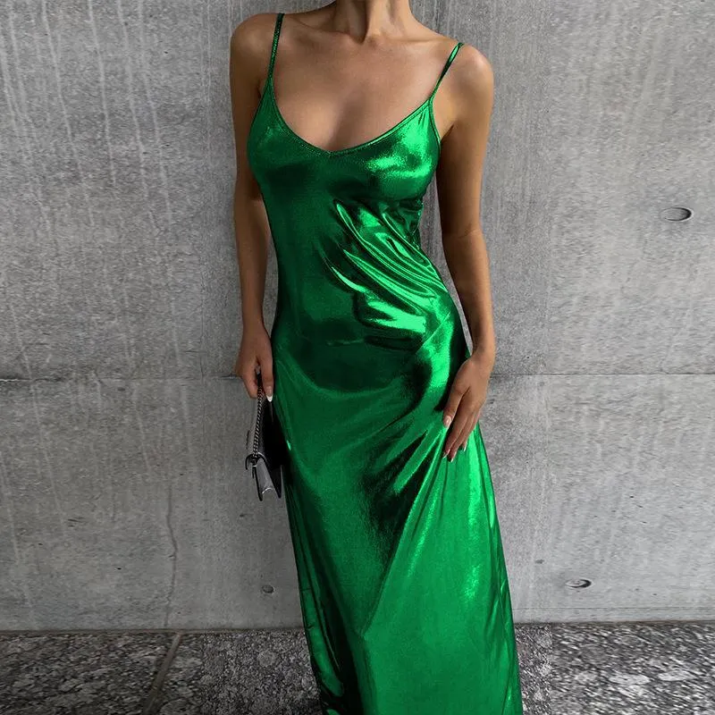 2023 New European and American Women's Clothing Spring and Summer Bronzing Sling Backless Sleeveless Sheath Temperament Sexy Dress Women