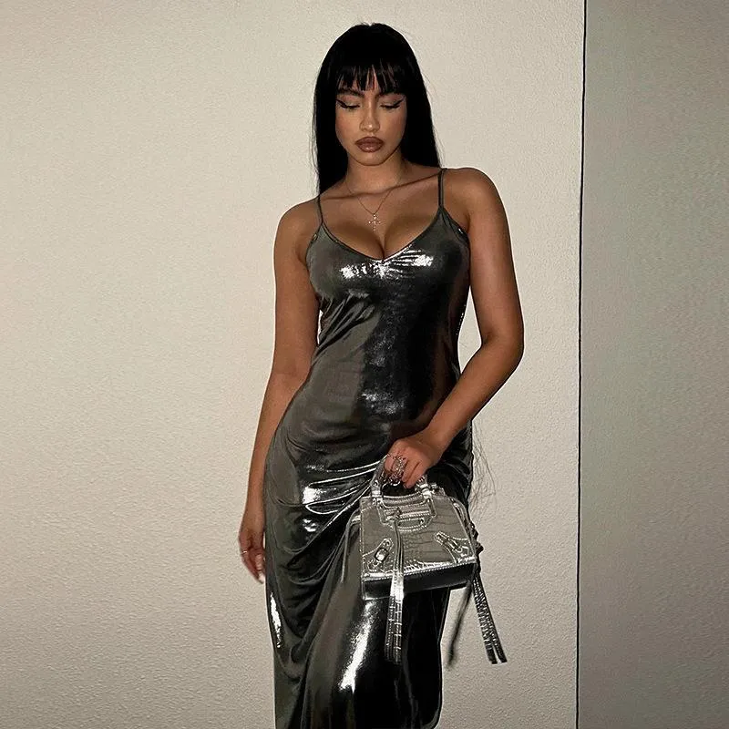 2023 New European and American Women's Clothing Spring and Summer Bronzing Sling Backless Sleeveless Sheath Temperament Sexy Dress Women