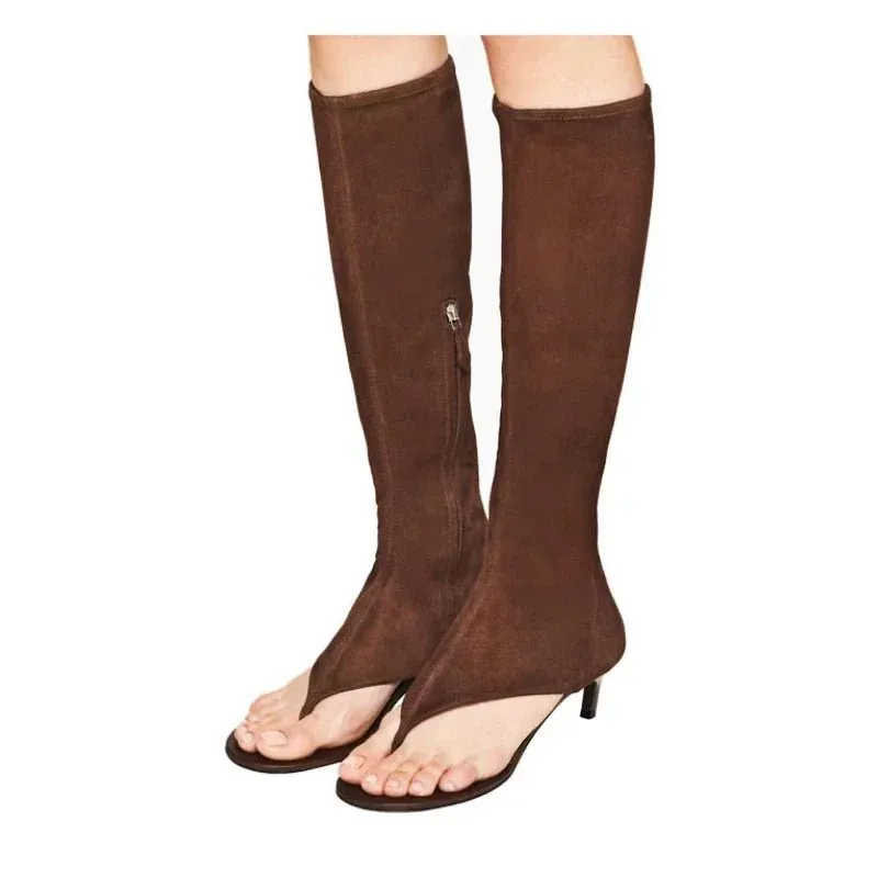 2024 Summer New Peep Toe Flip Sandals Mid Heeled Side Zipper Women's High Tube Boots