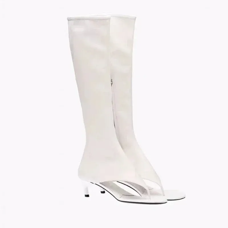 2024 Summer New Peep Toe Flip Sandals Mid Heeled Side Zipper Women's High Tube Boots