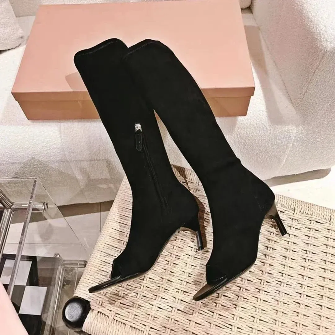 2024 Summer New Peep Toe Flip Sandals Mid Heeled Side Zipper Women's High Tube Boots