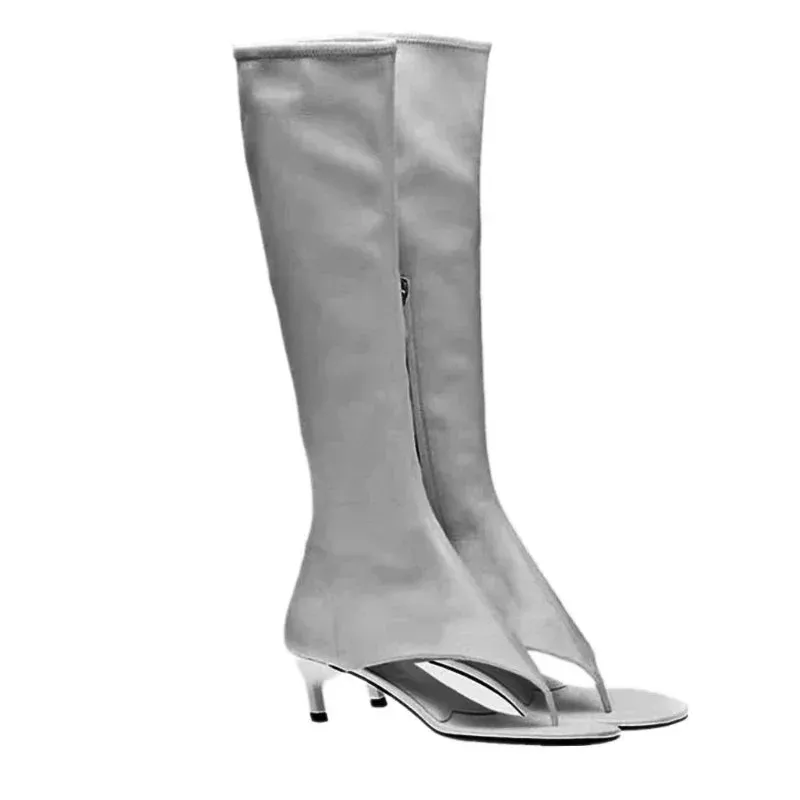 2024 Summer New Peep Toe Flip Sandals Mid Heeled Side Zipper Women's High Tube Boots