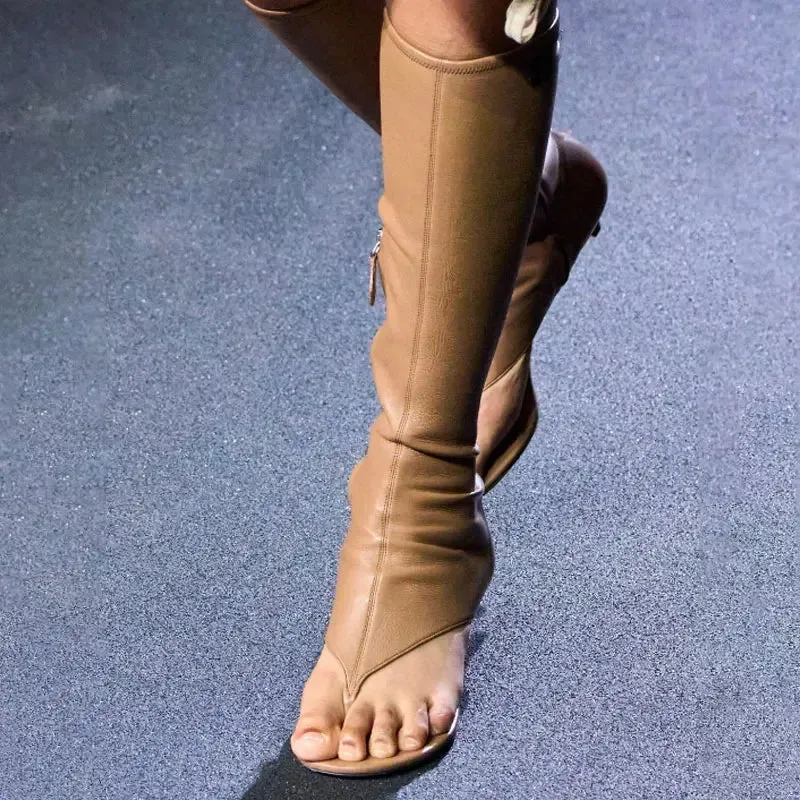 2024 Summer New Peep Toe Flip Sandals Mid Heeled Side Zipper Women's High Tube Boots