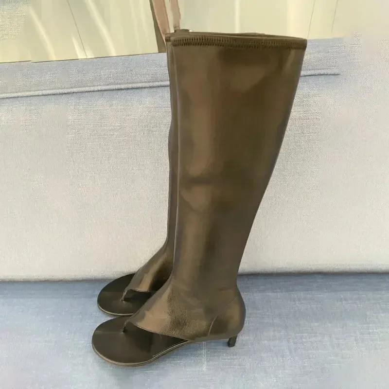 2024 Summer New Peep Toe Flip Sandals Mid Heeled Side Zipper Women's High Tube Boots