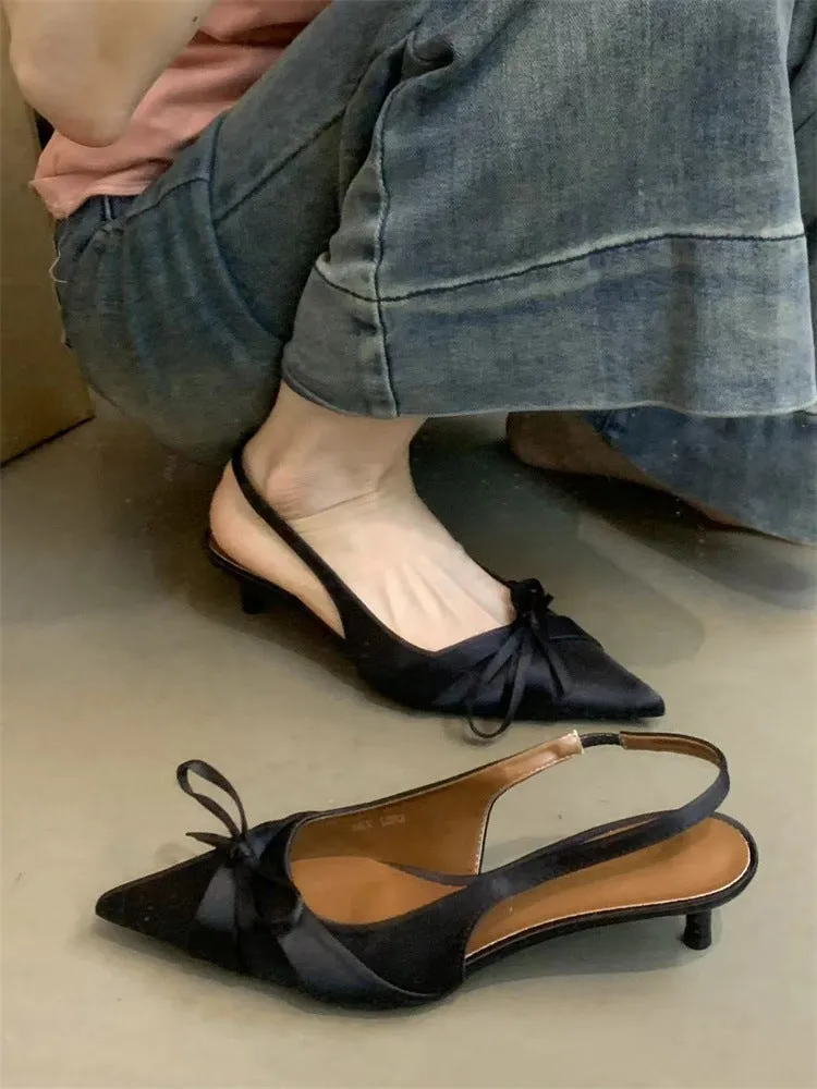 2025  Niche high heels women's shoes 2025 spring and autumn new  temperament elegant bow pointed light mouth stiletto sandals