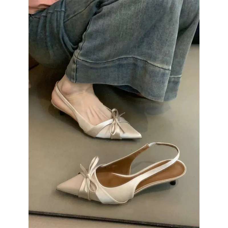 2025  Niche high heels women's shoes 2025 spring and autumn new  temperament elegant bow pointed light mouth stiletto sandals