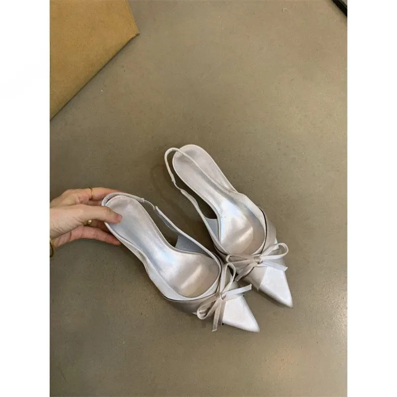 2025  Niche high heels women's shoes 2025 spring and autumn new  temperament elegant bow pointed light mouth stiletto sandals