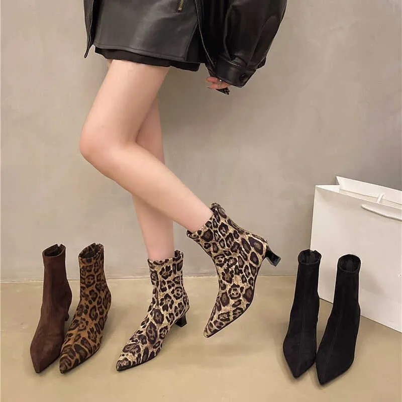 2025  stiletto leopard print thin boots pointed temperament short boots women's shoes popular new spring and autumn single boots Korean small naked boots