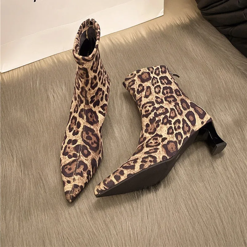 2025  stiletto leopard print thin boots pointed temperament short boots women's shoes popular new spring and autumn single boots Korean small naked boots