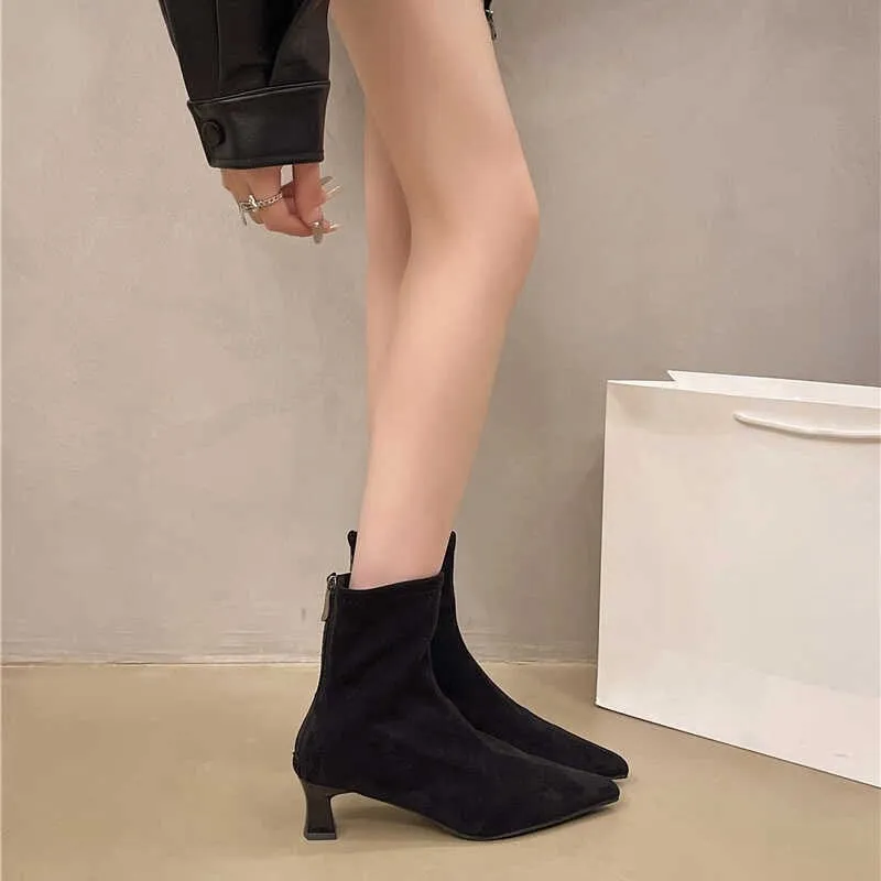 2025  stiletto leopard print thin boots pointed temperament short boots women's shoes popular new spring and autumn single boots Korean small naked boots