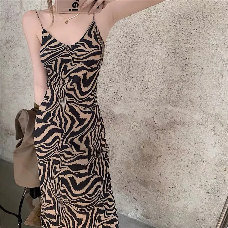 2025 Summer Mid-Length Temperament Leopard Print Sling Dress Women's Slimming  Sexy Bottoming Suspender Dress