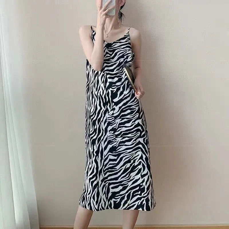 2025 Summer Mid-Length Temperament Leopard Print Sling Dress Women's Slimming  Sexy Bottoming Suspender Dress