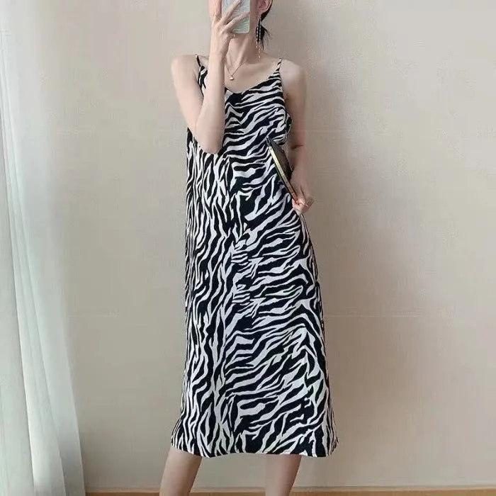 2025 Summer Mid-Length Temperament Leopard Print Sling Dress Women's Slimming  Sexy Bottoming Suspender Dress