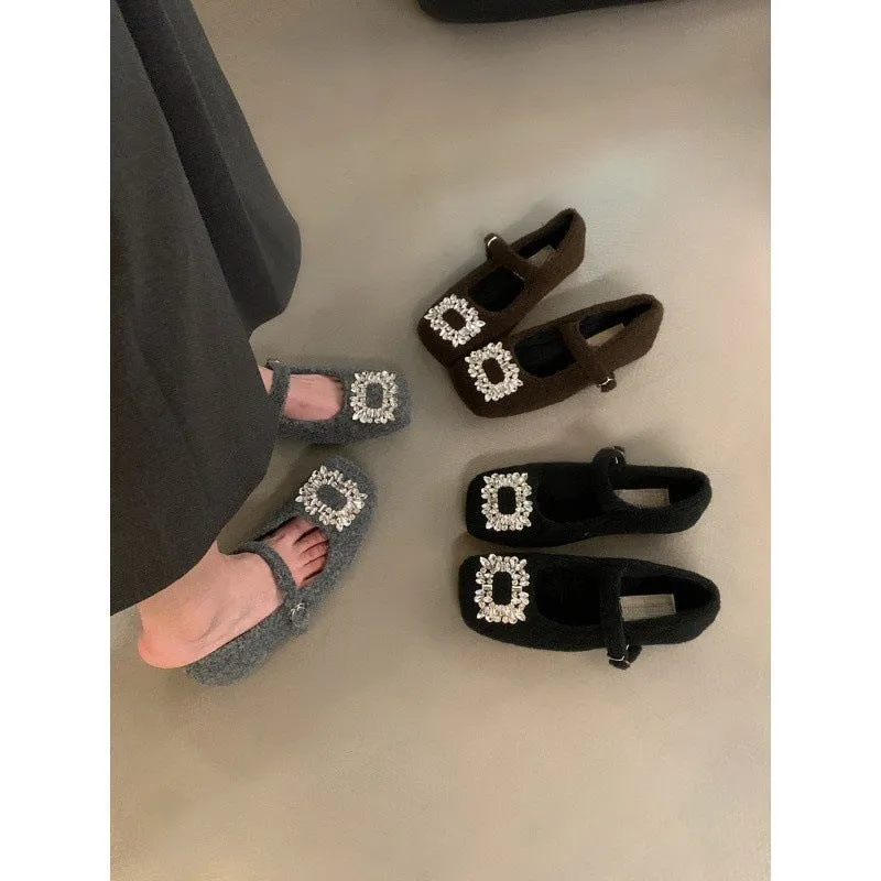 2025  Women's temperament Mary Jane shoes women's velvet  evening breeze square head rhinestone woolen shoes women's winter flat shoes