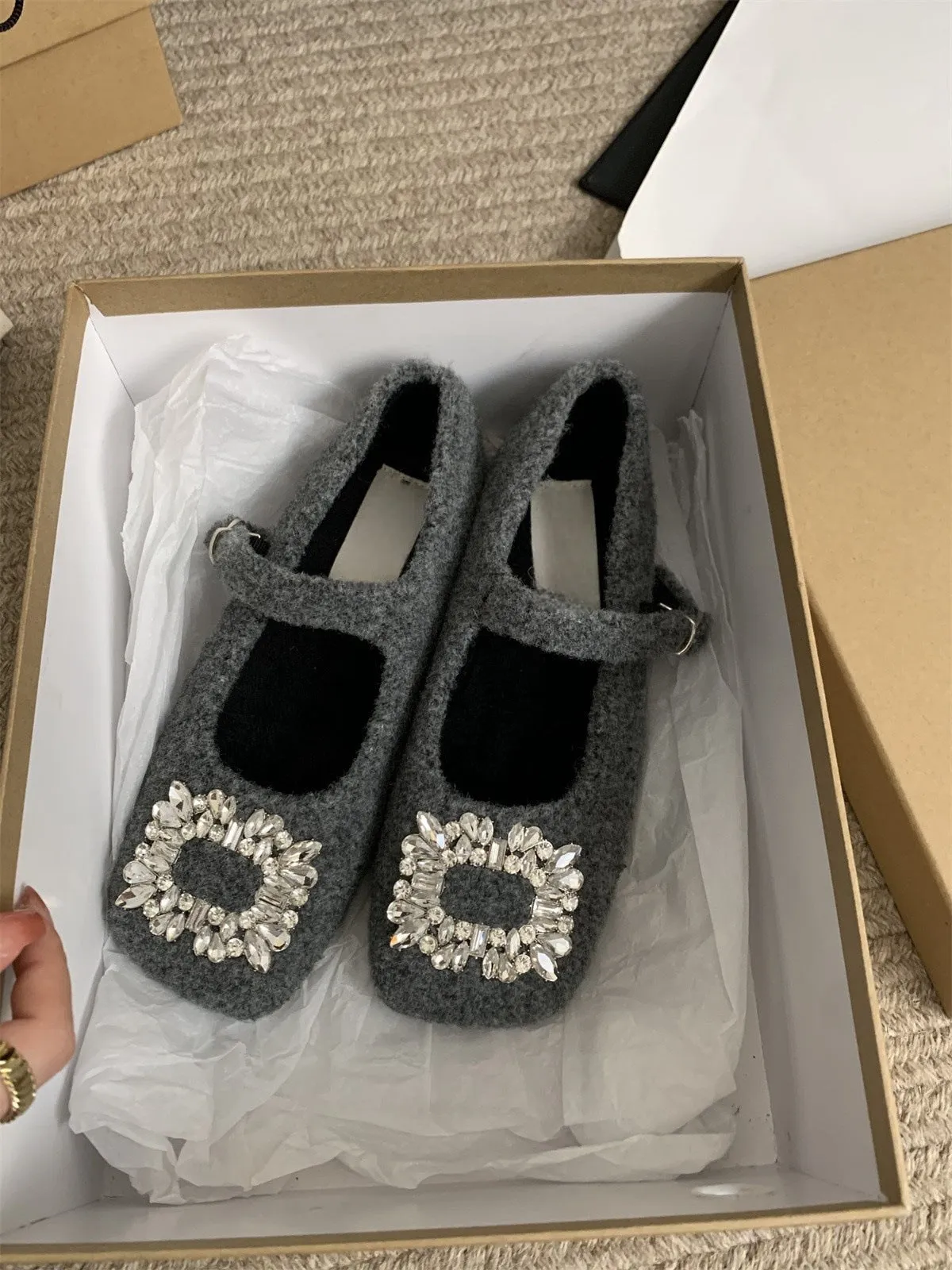 2025  Women's temperament Mary Jane shoes women's velvet  evening breeze square head rhinestone woolen shoes women's winter flat shoes