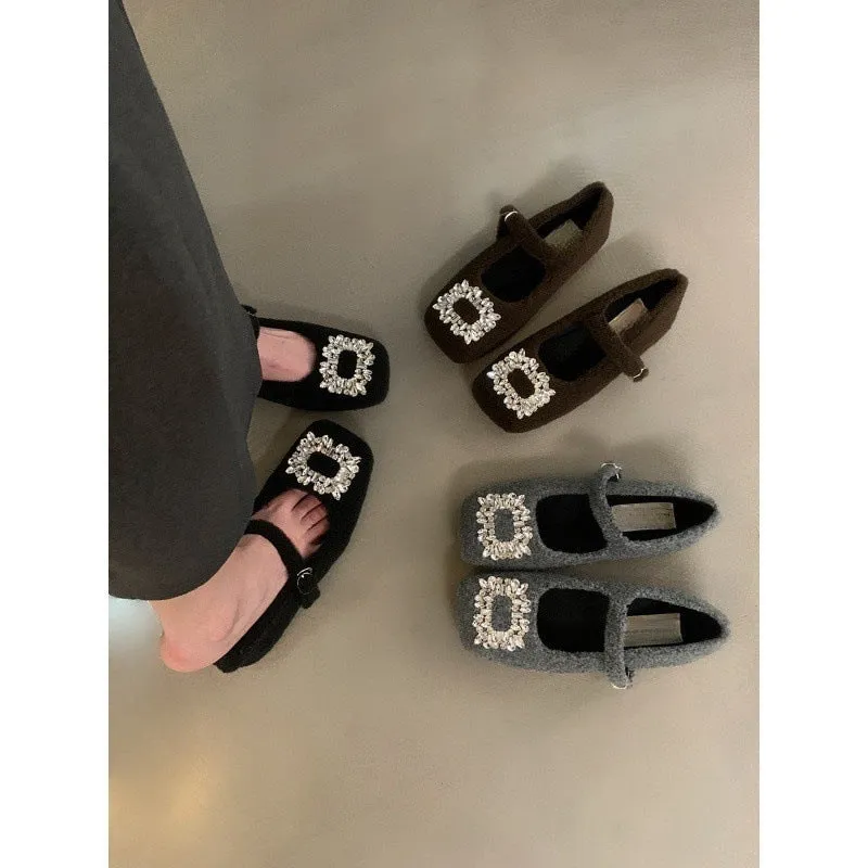 2025  Women's temperament Mary Jane shoes women's velvet  evening breeze square head rhinestone woolen shoes women's winter flat shoes