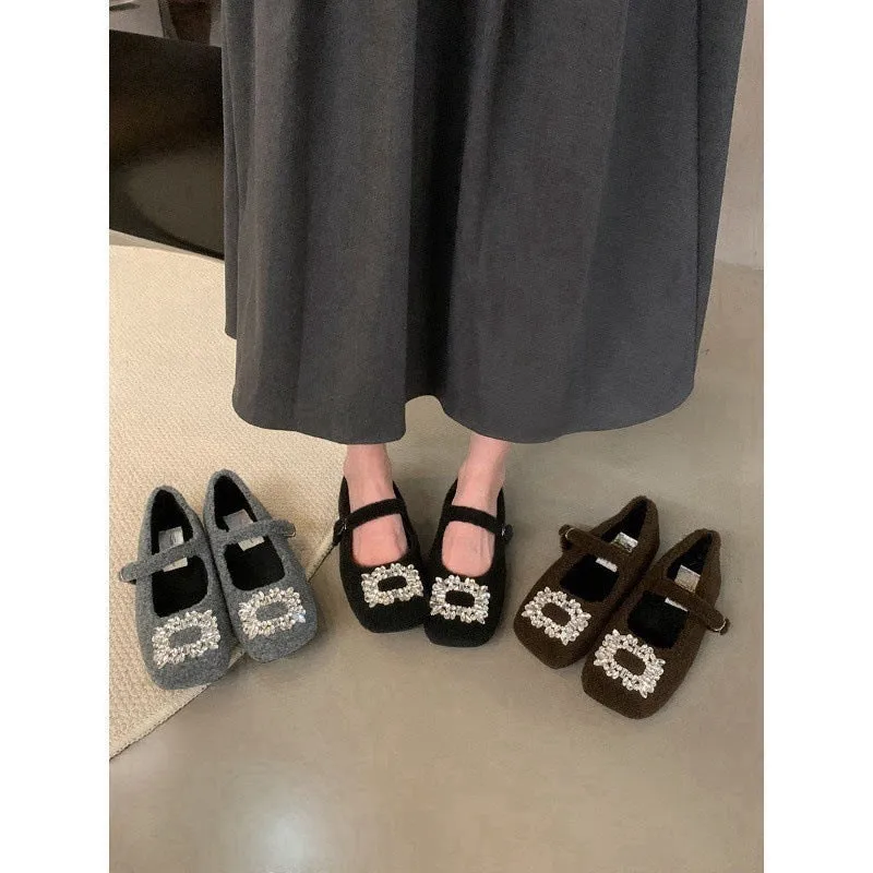 2025  Women's temperament Mary Jane shoes women's velvet  evening breeze square head rhinestone woolen shoes women's winter flat shoes