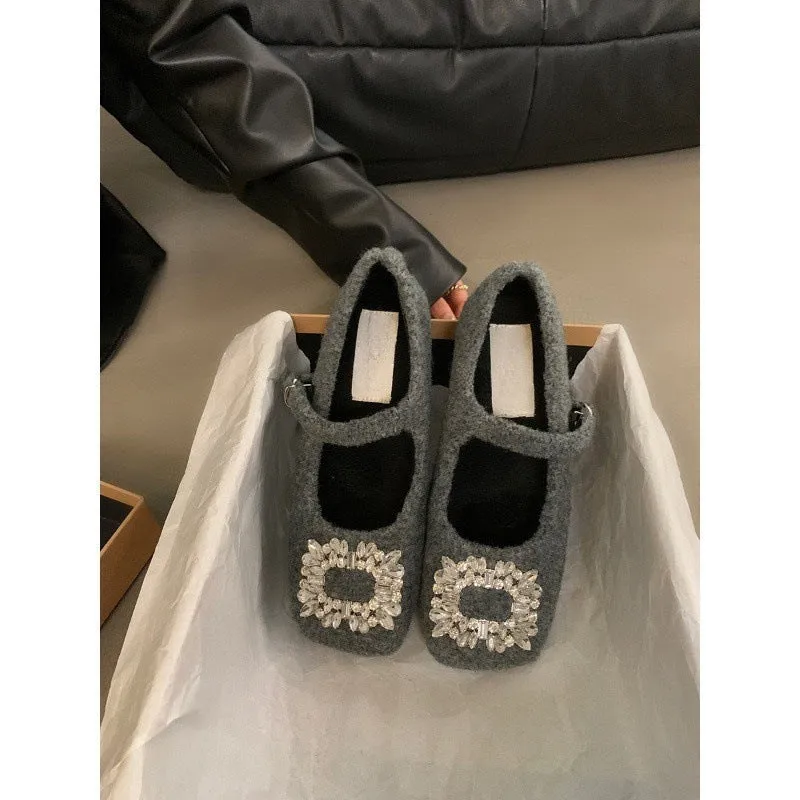 2025  Women's temperament Mary Jane shoes women's velvet  evening breeze square head rhinestone woolen shoes women's winter flat shoes