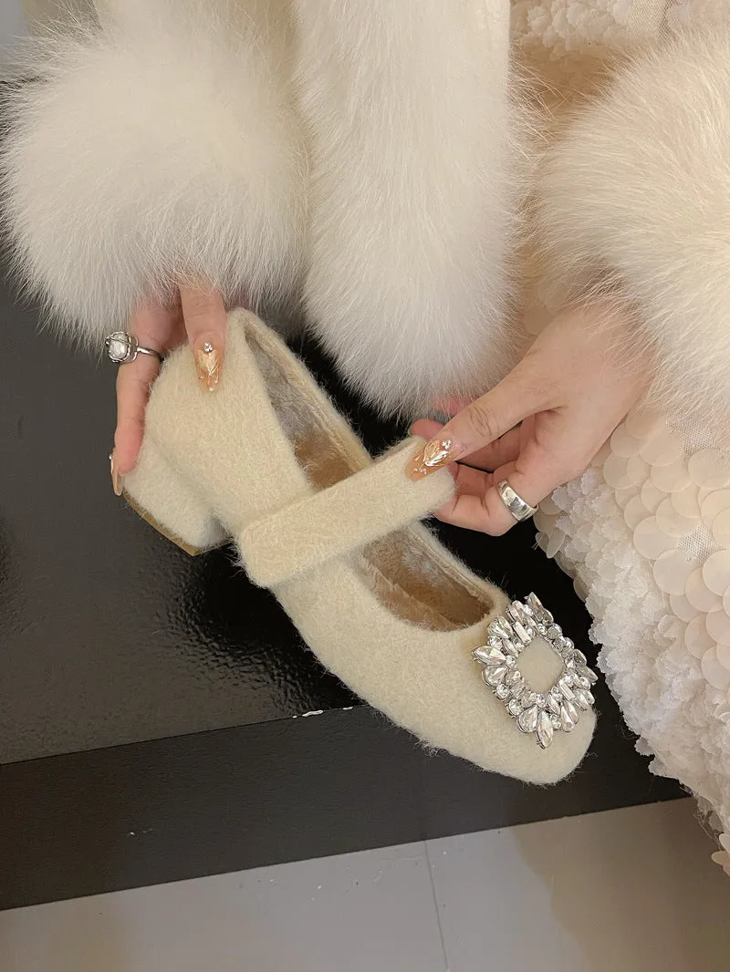 2025  Wool shoes women wear popular autumn and winter new gentle  temperament fairy thick heel velvet Mary Jane shoes