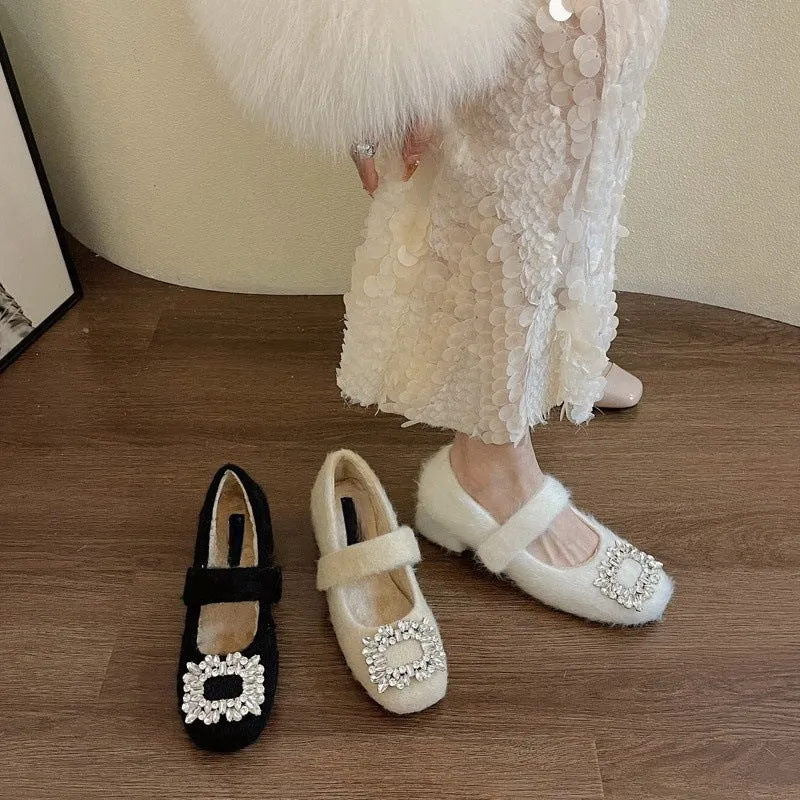 2025  Wool shoes women wear popular autumn and winter new gentle  temperament fairy thick heel velvet Mary Jane shoes