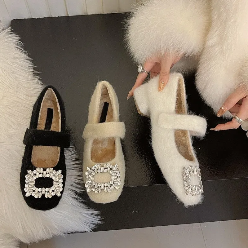 2025  Wool shoes women wear popular autumn and winter new gentle  temperament fairy thick heel velvet Mary Jane shoes