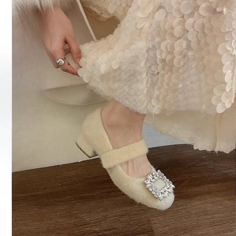 2025  Wool shoes women wear popular autumn and winter new gentle  temperament fairy thick heel velvet Mary Jane shoes