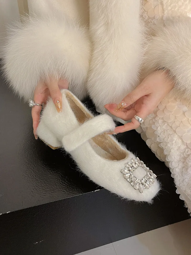 2025  Wool shoes women wear popular autumn and winter new gentle  temperament fairy thick heel velvet Mary Jane shoes
