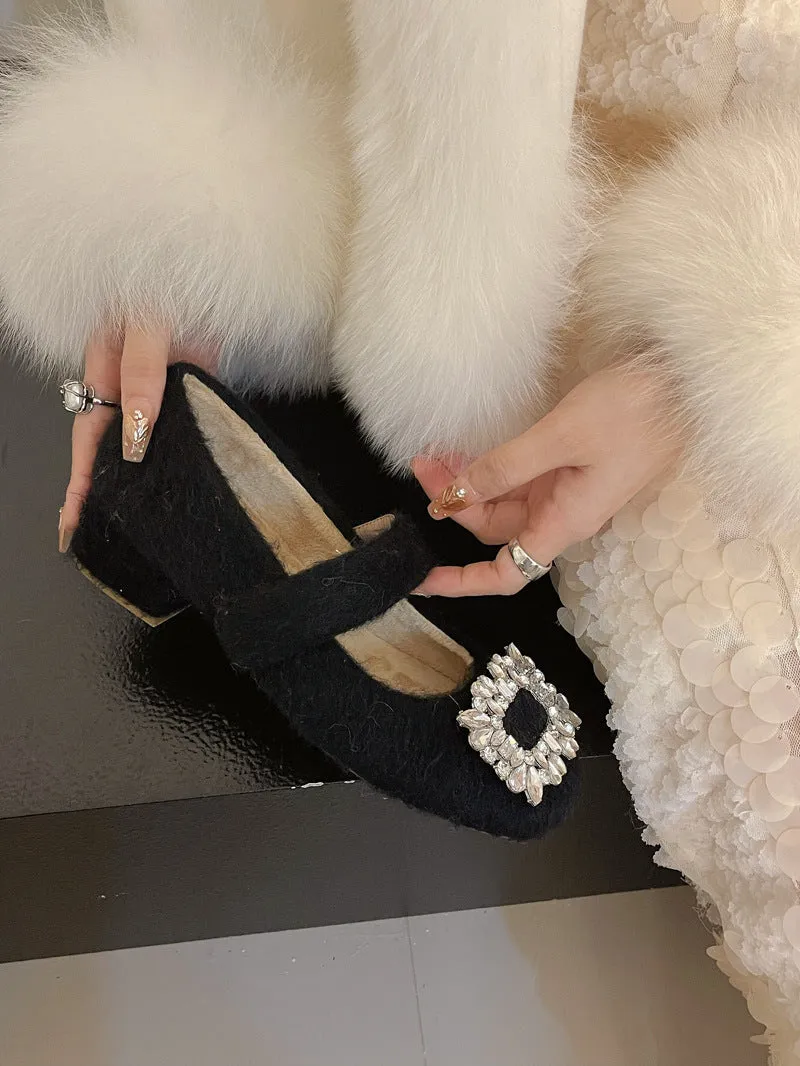 2025  Wool shoes women wear popular autumn and winter new gentle  temperament fairy thick heel velvet Mary Jane shoes