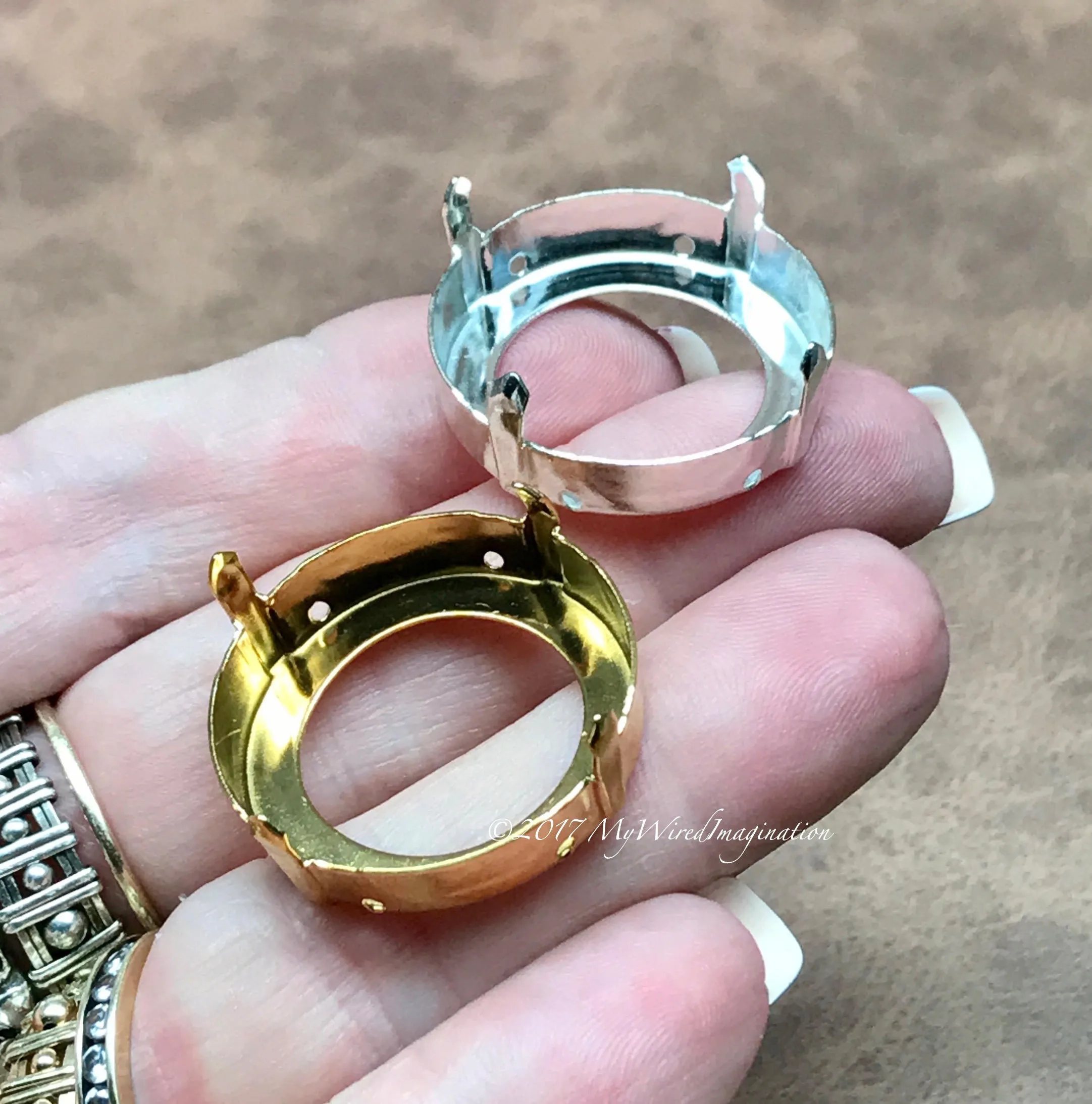 27mm Sew On Setting, 1201 Round Crystal Setting, Silver or Gold Plated Prong Setting