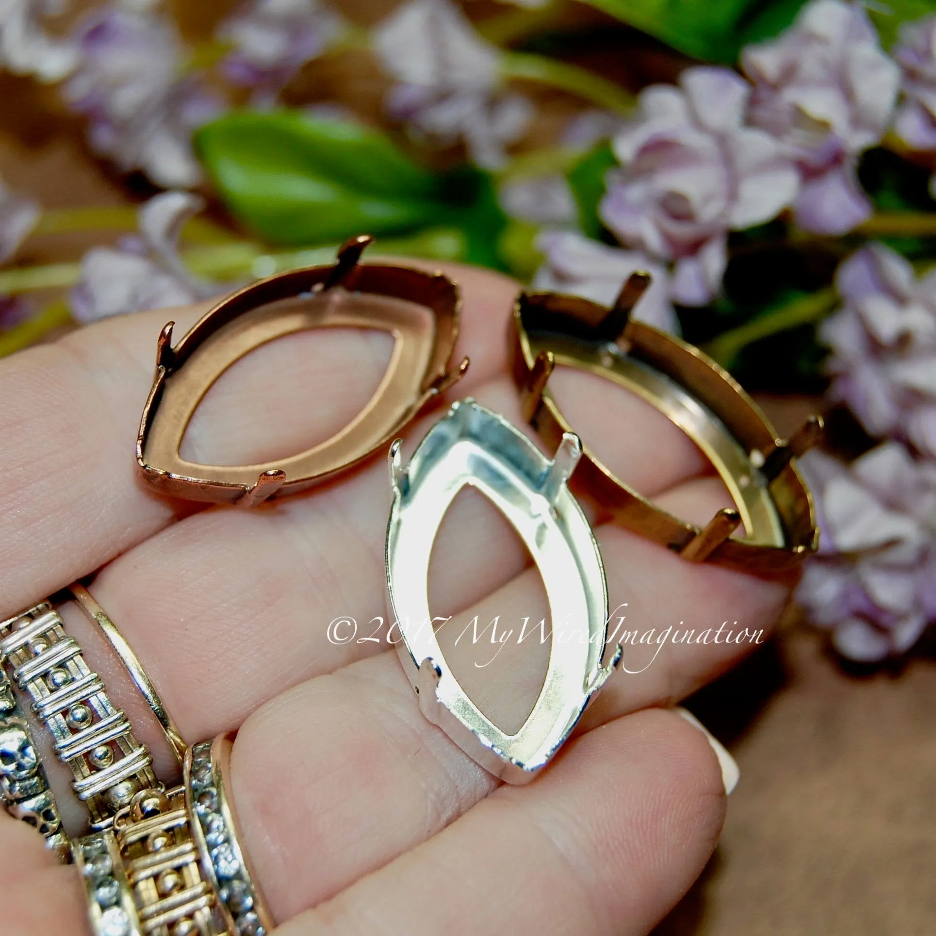 32x17mm Navette Crystal Setting, Silver, Antique Copper, Antique Bronze Plated Prong Settings