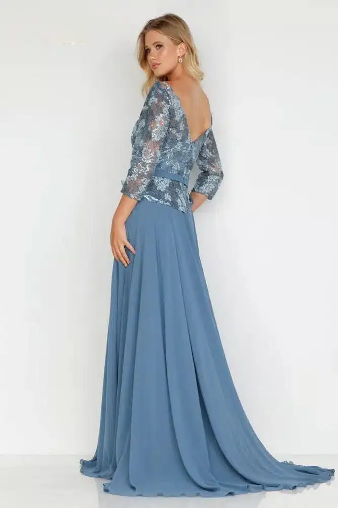 3/4 Sleeve Evening Gown with Chiffon Skirt