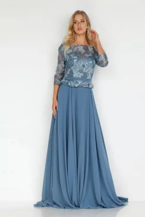 3/4 Sleeve Evening Gown with Chiffon Skirt
