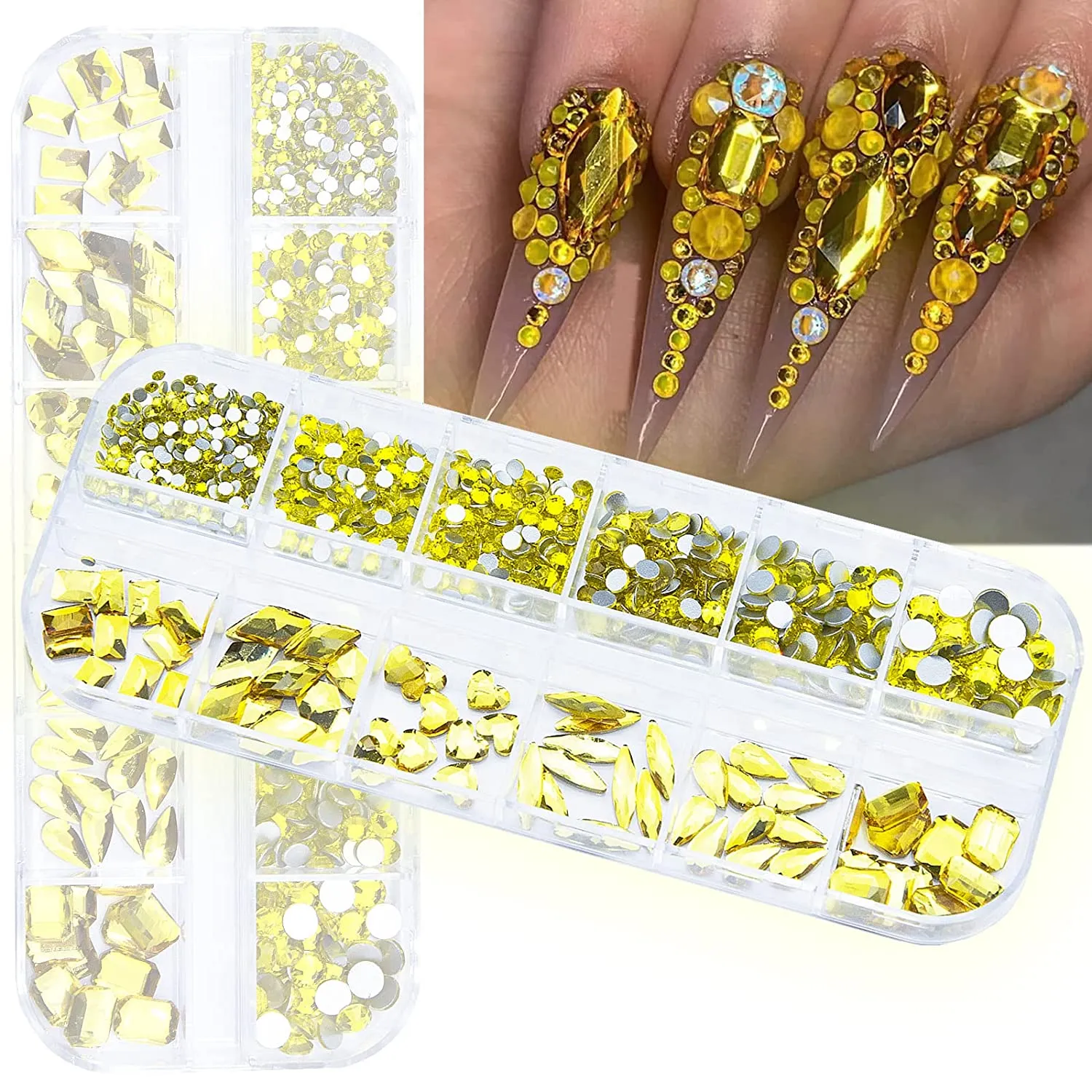 660Pcs Champagne Gold Crystal Rhinestones Nail Art Flat Back Round Multi Sized Shapes Stones Gem Rhinestone Beads for Nail Art DIY Jewelry Crafts Accessories