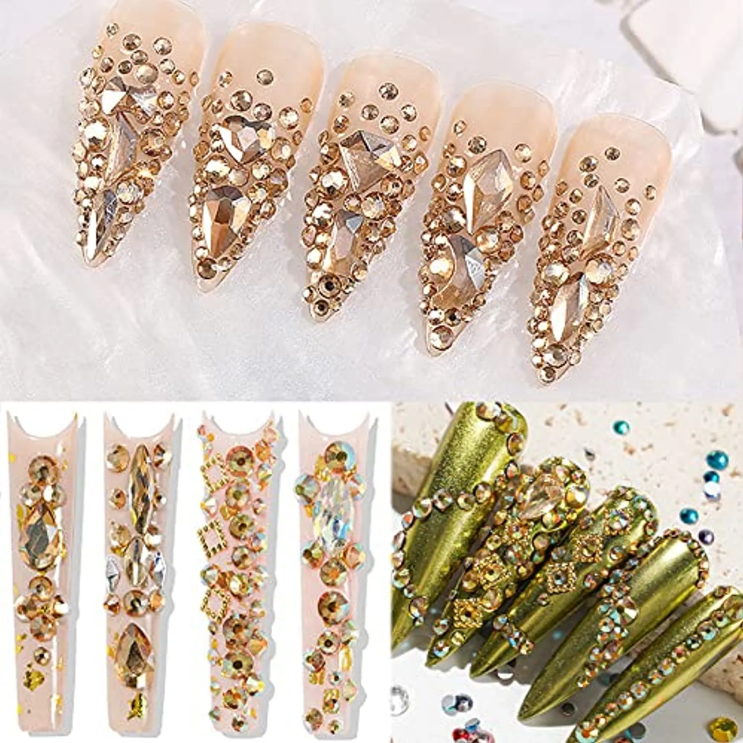 660Pcs Champagne Gold Crystal Rhinestones Nail Art Flat Back Round Multi Sized Shapes Stones Gem Rhinestone Beads for Nail Art DIY Jewelry Crafts Accessories