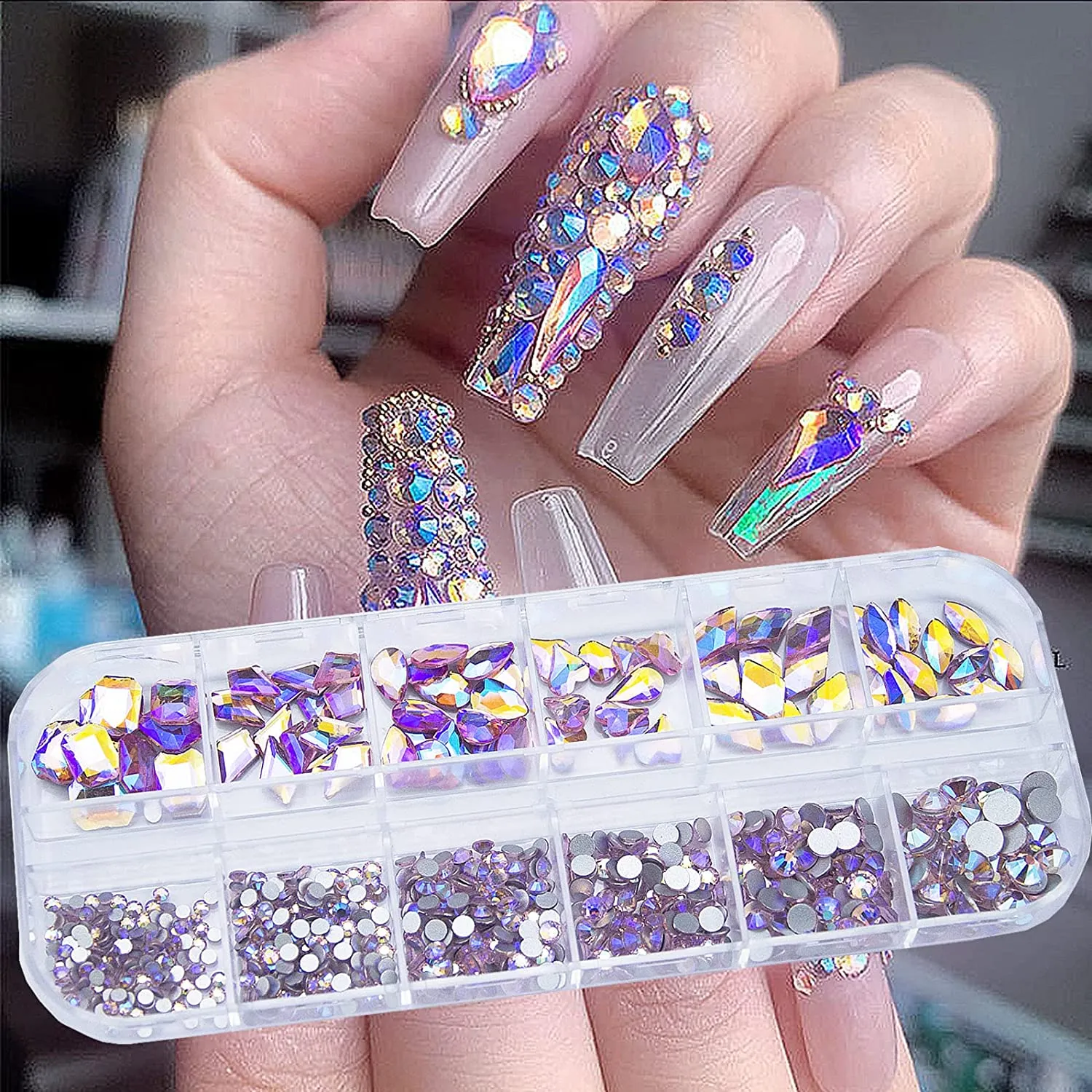 660Pcs Champagne Gold Crystal Rhinestones Nail Art Flat Back Round Multi Sized Shapes Stones Gem Rhinestone Beads for Nail Art DIY Jewelry Crafts Accessories