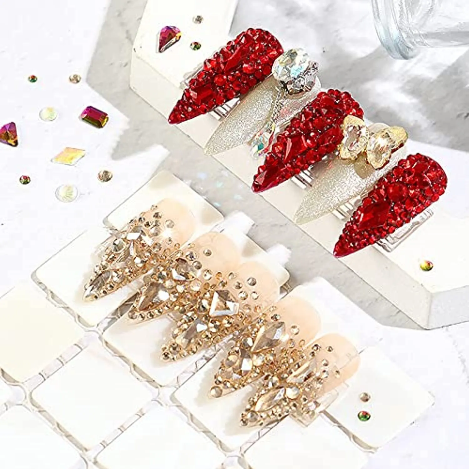 660Pcs Champagne Gold Crystal Rhinestones Nail Art Flat Back Round Multi Sized Shapes Stones Gem Rhinestone Beads for Nail Art DIY Jewelry Crafts Accessories