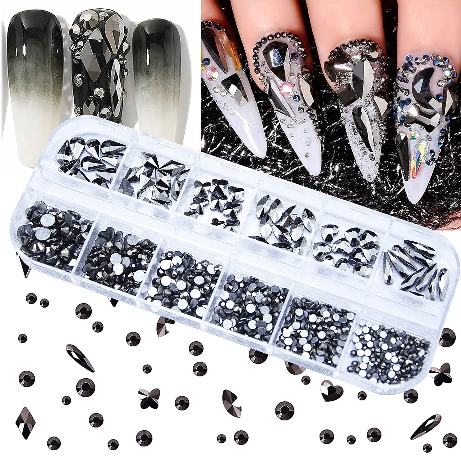 660Pcs Champagne Gold Crystal Rhinestones Nail Art Flat Back Round Multi Sized Shapes Stones Gem Rhinestone Beads for Nail Art DIY Jewelry Crafts Accessories