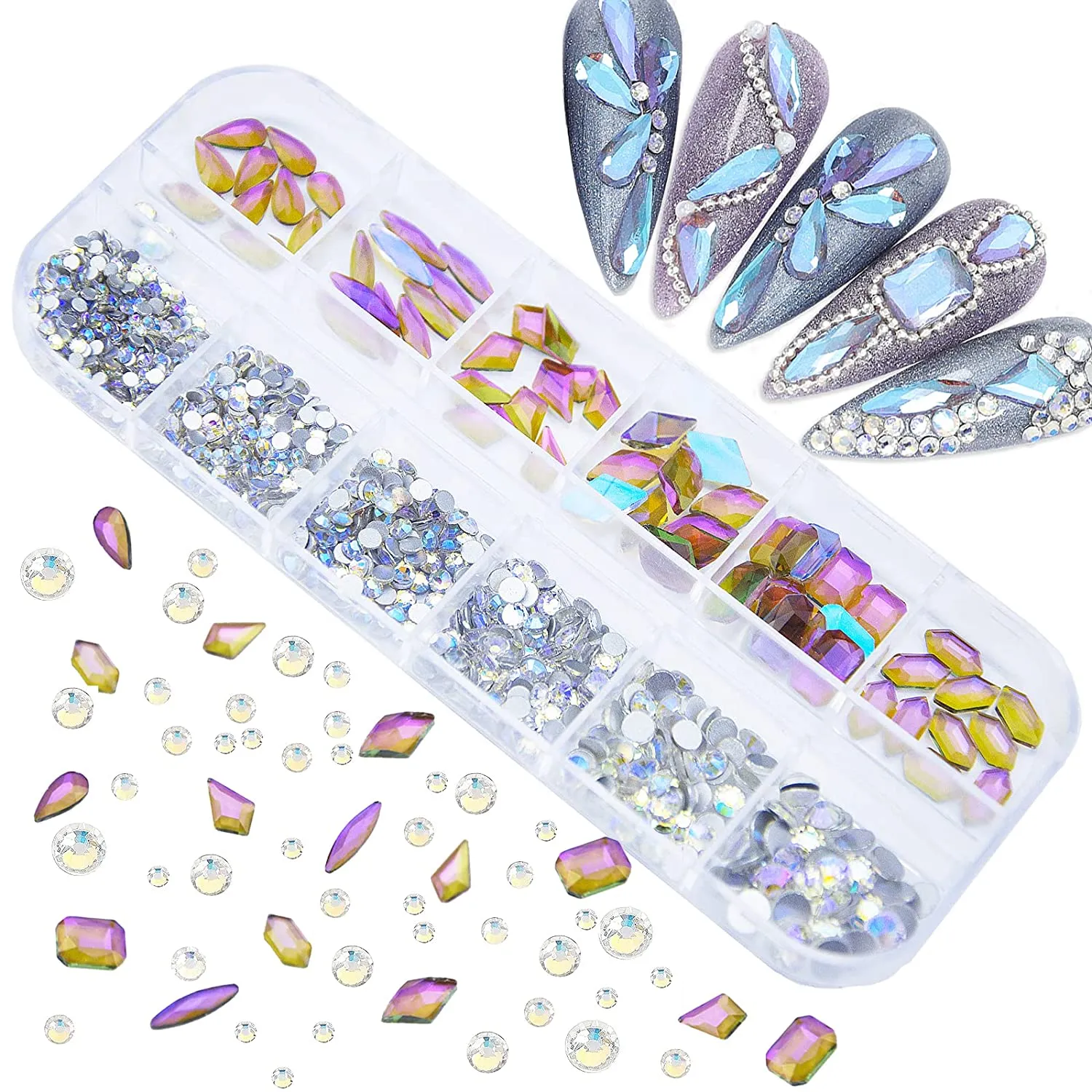 660Pcs Champagne Gold Crystal Rhinestones Nail Art Flat Back Round Multi Sized Shapes Stones Gem Rhinestone Beads for Nail Art DIY Jewelry Crafts Accessories