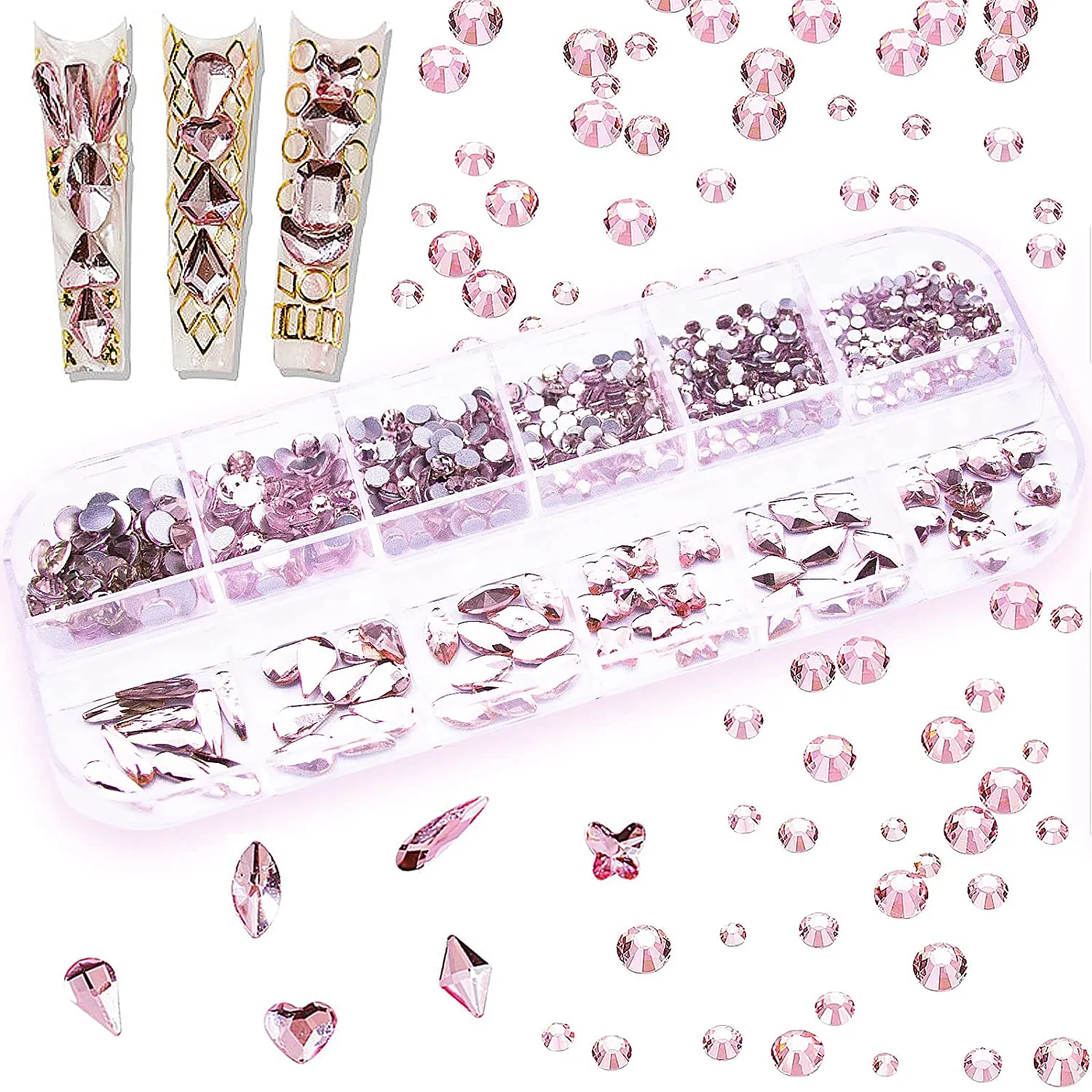 660Pcs Champagne Gold Crystal Rhinestones Nail Art Flat Back Round Multi Sized Shapes Stones Gem Rhinestone Beads for Nail Art DIY Jewelry Crafts Accessories