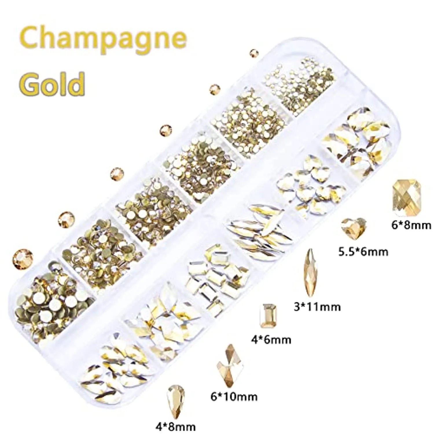660Pcs Champagne Gold Crystal Rhinestones Nail Art Flat Back Round Multi Sized Shapes Stones Gem Rhinestone Beads for Nail Art DIY Jewelry Crafts Accessories