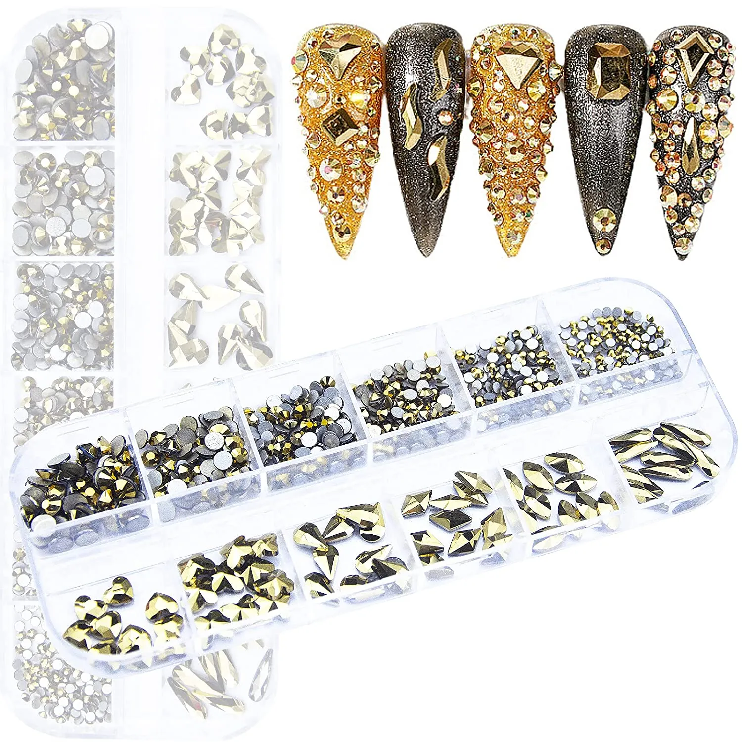 660Pcs Champagne Gold Crystal Rhinestones Nail Art Flat Back Round Multi Sized Shapes Stones Gem Rhinestone Beads for Nail Art DIY Jewelry Crafts Accessories