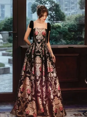 A-line Black Straps Floral Satin Party Dress, Black Satin Prom Dress Evening Dress