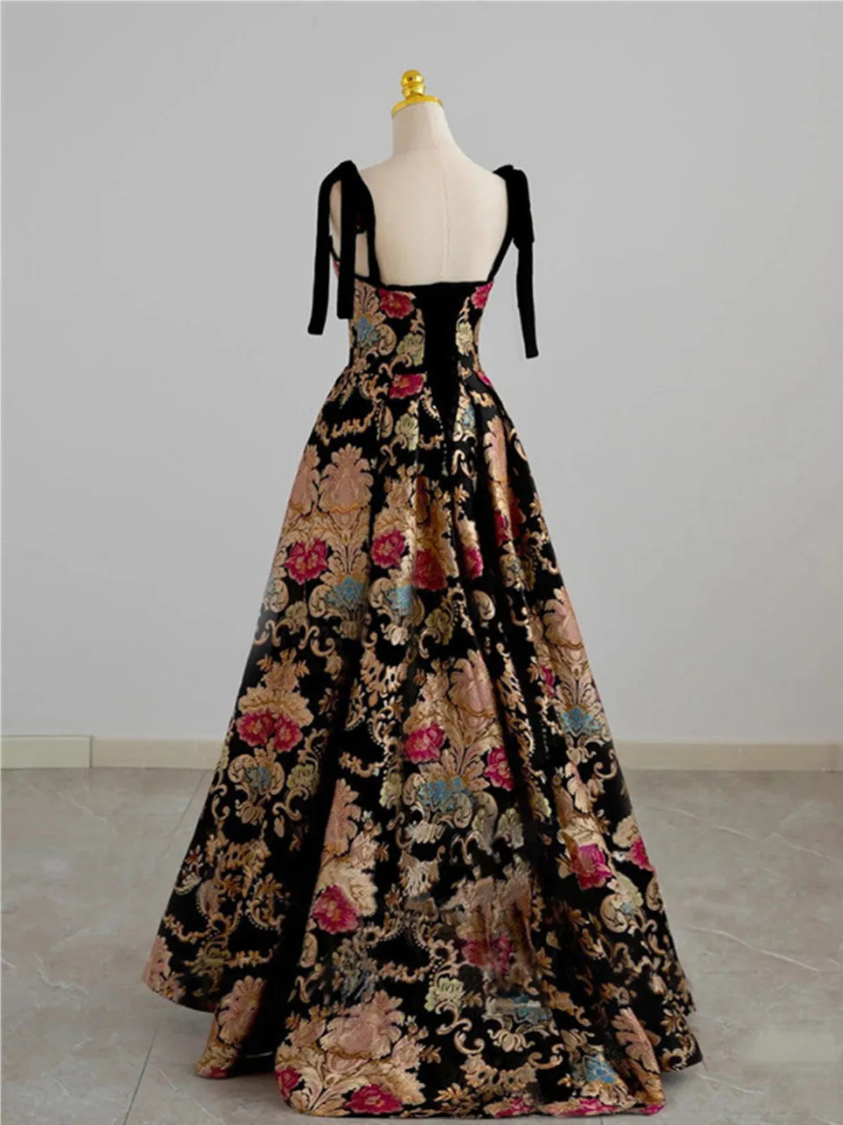 A-line Black Straps Floral Satin Party Dress, Black Satin Prom Dress Evening Dress