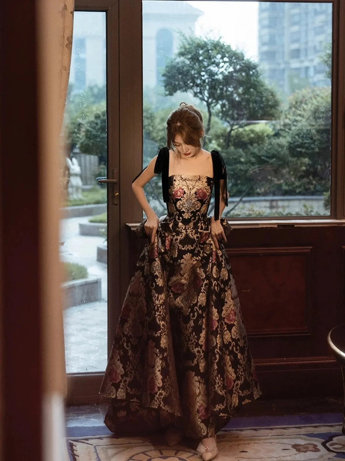 A-line Black Straps Floral Satin Party Dress, Black Satin Prom Dress Evening Dress
